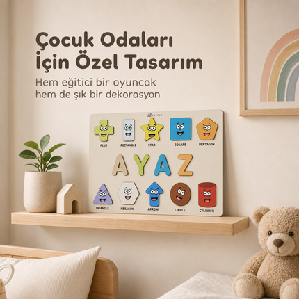 Kişiye Özel İsimli Ahşap Şekiller Puzzle – Eğitici Geometrik Şekil Yapbozu