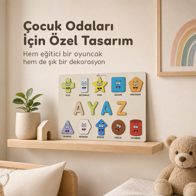 Kişiye Özel İsimli Ahşap Şekiller Puzzle – Eğitici Geometrik Şekil Yapbozu