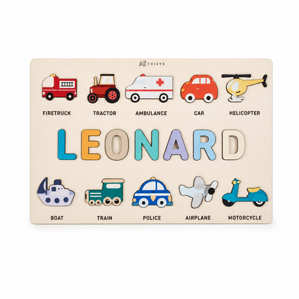 İsme Özel Ahşap Puzzle – Taşıtlar Temalı Kişiselleştirilebilir İsim Yapbozu