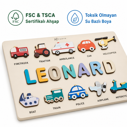 İsme Özel Ahşap Puzzle – Taşıtlar Temalı Kişiselleştirilebilir İsim Yapbozu