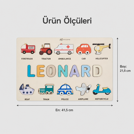 İsme Özel Ahşap Puzzle – Taşıtlar Temalı Kişiselleştirilebilir İsim Yapbozu