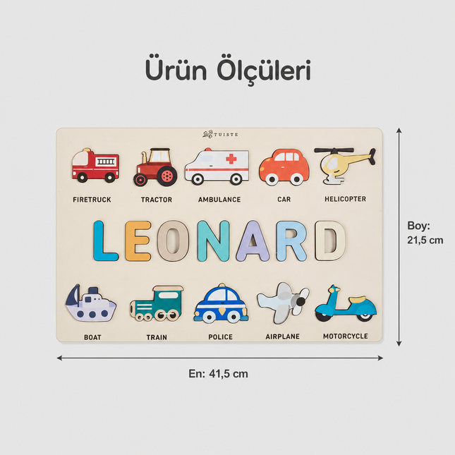 İsme Özel Ahşap Puzzle – Taşıtlar Temalı Kişiselleştirilebilir İsim Yapbozu