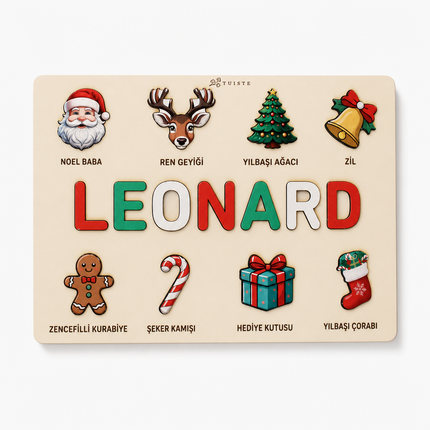 Kişiye Özel İsimli Ahşap Yılbaşı Puzzle - Noel Temalı Eğitici Yapboz