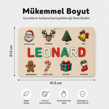 Kişiye Özel İsimli Ahşap Yılbaşı Puzzle - Noel Temalı Eğitici Yapboz