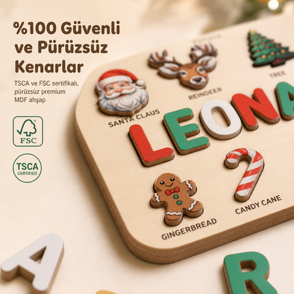 Kişiye Özel İsimli Ahşap Yılbaşı Puzzle - Noel Temalı Eğitici Yapboz