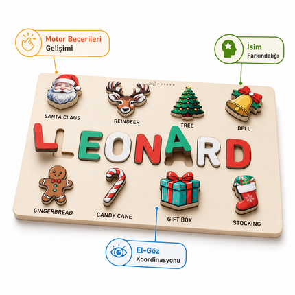 Kişiye Özel İsimli Ahşap Yılbaşı Puzzle - Noel Temalı Eğitici Yapboz
