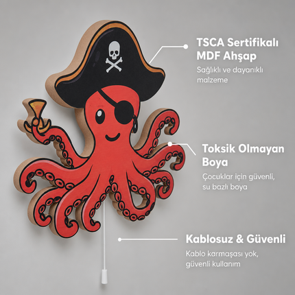 Korsan Ahtapot Bebek ve Çocuk Odası LED Duvar Lambası