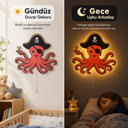 Korsan Ahtapot Bebek ve Çocuk Odası LED Duvar Lambası