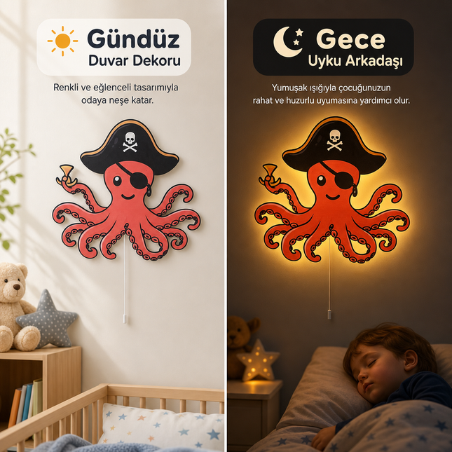 Korsan Ahtapot Bebek ve Çocuk Odası LED Duvar Lambası