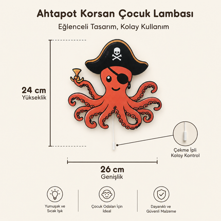Korsan Ahtapot Bebek ve Çocuk Odası LED Duvar Lambası