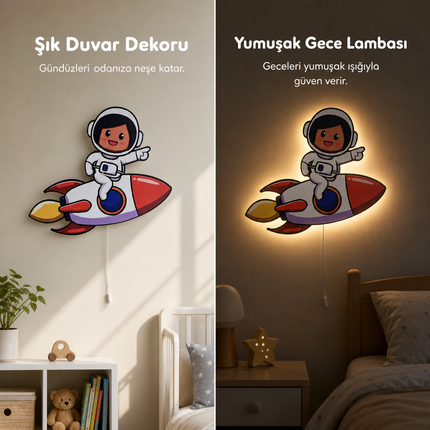 Küçük Astronot Roket Bebek ve Çocuk Odası LED Duvar Lambası