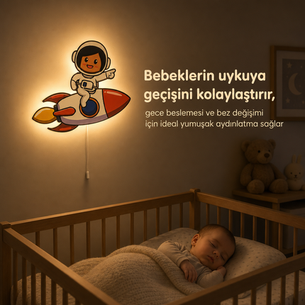 Küçük Astronot Roket Bebek ve Çocuk Odası LED Duvar Lambası