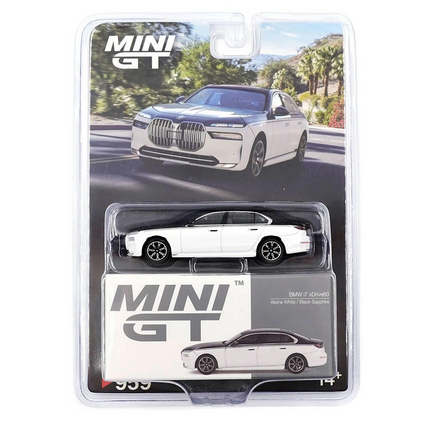 Mini GT 1/64 BMW i7 xDrive60 Alpine White / Black Sapphire - Blister Paket