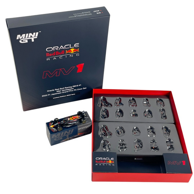 Mini GT 1/64 Oracle Red Bull Racing RB19 #1 Max Verstappen 2023 F1 023 Japanese Grand Prix Pit Crew Set Limited Edition