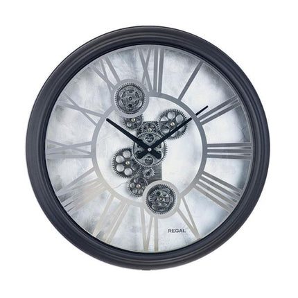 Regal Dekoratif Çarklı Metal Büyük Boy Duvar Saati 64 Cm | Siyah Gümüş