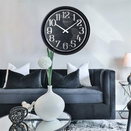 Regal Dünya Haritalı Metal Duvar Saati 51 Cm - Gümüş Metalik Rakamlı Siyah Büyük Boy Saat