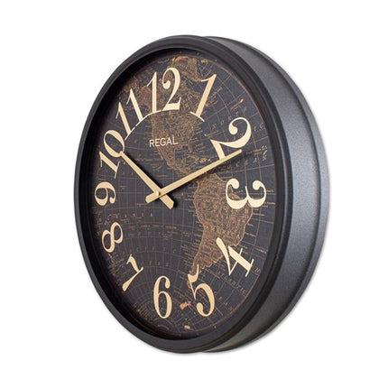 Regal Dünya Haritalı Metal Duvar Saati 51 Cm - Eskitme Gold Siyah Büyük Boy Dekoratif Saat