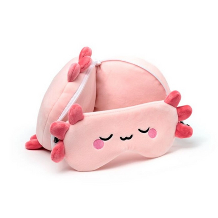 Relaxeazzz Axolotl Şeklinde Peluş Seyahat Yastığı ve Göz Maskesi