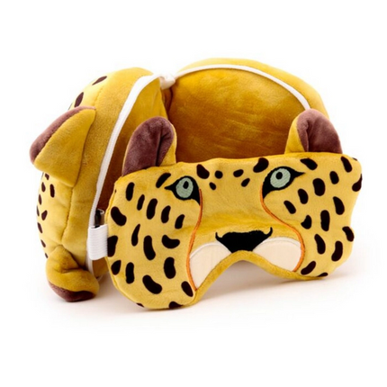 Relaxeazzz Leopar Şeklinde Peluş Seyahat Yastığı ve Göz Maskesi