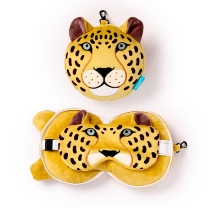 Relaxeazzz Leopar Şeklinde Peluş Seyahat Yastığı ve Göz Maskesi