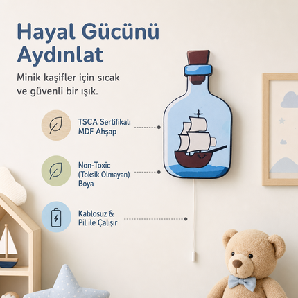 Şişedeki Gemi Bebek ve Çocuk Odası LED Duvar Lambası