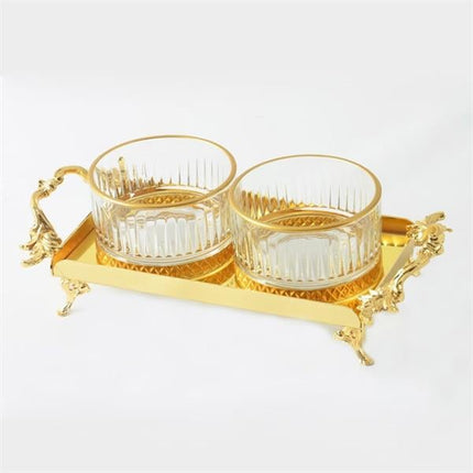 Emayra Tepsili 2'Li Cam Ve Metal Çerezlik Seti - Altın