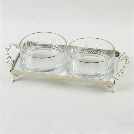 Emayra Tepsili Büyük Boy 2'Li Cam Ve Metal Çerezlik Seti - Gümüş