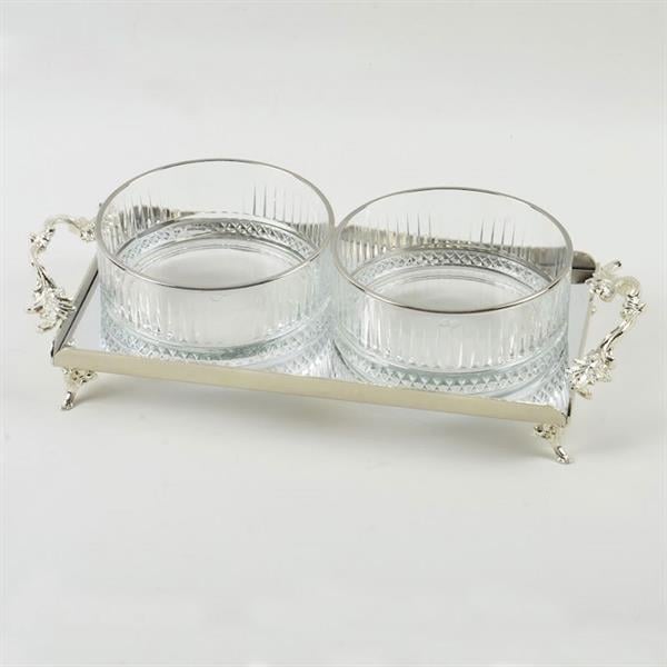 Emayra Tepsili Büyük Boy 2'Li Cam Ve Metal Çerezlik Seti - Gümüş