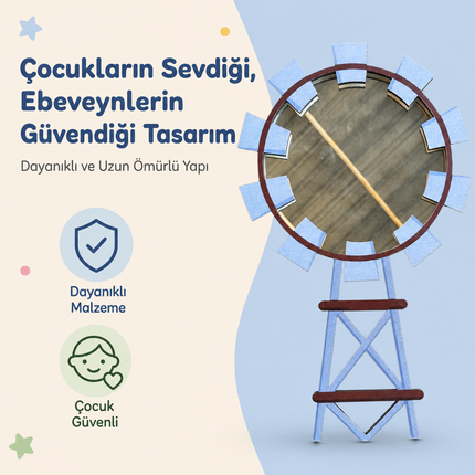 Değirmen Tasarımlı Çocuk Odası Dekoratif Duvar Aynası - Mavi, 25 × 42 cm