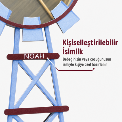 Kişiselleştirilebilir İsimli Ayna – Değirmen Figürlü Ahşap Duvar Süsü