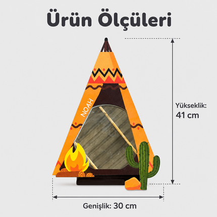 Kişiselleştirilebilir İsimli Ayna – Kaktüs Kampı Çadır Figürlü Ahşap Duvar Süsü