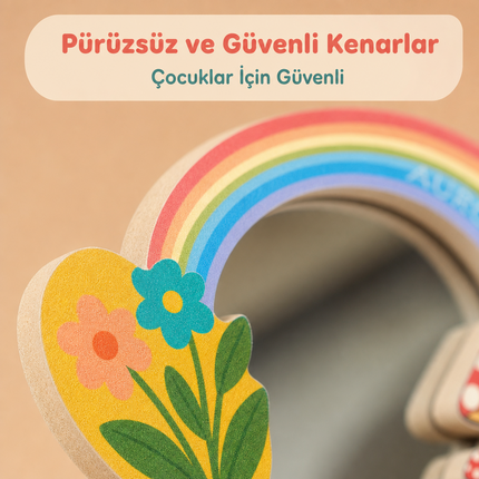 Kişiselleştirilebilir İsimli Ayna – Gökkuşağı ve Mantar Ev Figürlü Ahşap Duvar Süsü