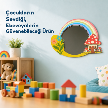 Tuiste Mantar Ev ve Gökkuşağı Tasarımlı Çocuk Odası Dekoratif Duvar Aynası - 30 × 23 cm