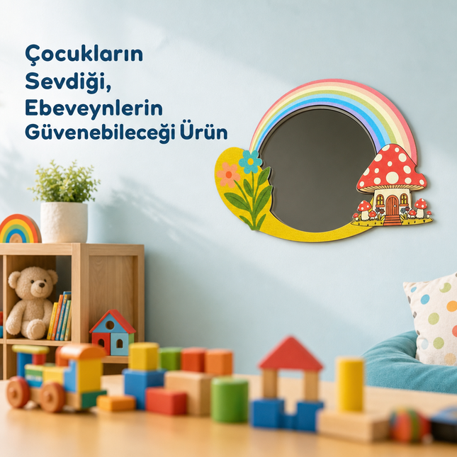 Tuiste Mantar Ev ve Gökkuşağı Tasarımlı Çocuk Odası Dekoratif Duvar Aynası - 30 × 23 cm