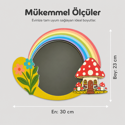 Tuiste Mantar Ev ve Gökkuşağı Tasarımlı Çocuk Odası Dekoratif Duvar Aynası - 30 × 23 cm