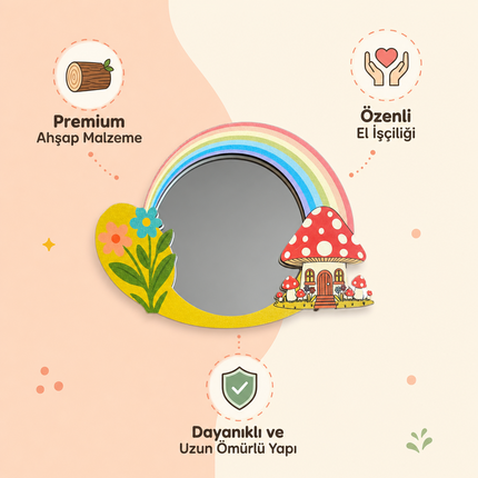 Tuiste Mantar Ev ve Gökkuşağı Tasarımlı Çocuk Odası Dekoratif Duvar Aynası - 30 × 23 cm