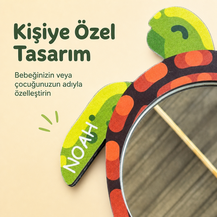 Kişiselleştirilebilir İsimli Ayna – Minik Kaplumbağa Figürlü Ahşap Duvar Süsü
