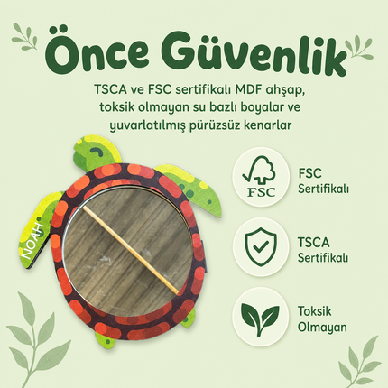 Kişiselleştirilebilir İsimli Ayna – Minik Kaplumbağa Figürlü Ahşap Duvar Süsü