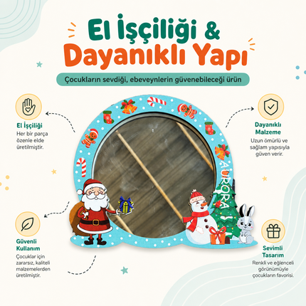 Kişiselleştirilebilir İsimli Ayna – Noel Masalı Figürlü Ahşap Duvar Süsü
