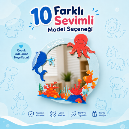 Kişiselleştirilebilir İsimli Ayna – Okyanus Dostları Figürlü Ahşap Duvar Süsü