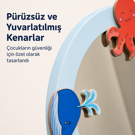 Okyanus Dostları Tasarımlı Çocuk Odası Dekoratif Duvar Aynası – 28 × 27 cm