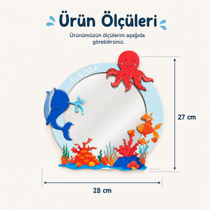 Kişiselleştirilebilir İsimli Ayna – Okyanus Dostları Figürlü Ahşap Duvar Süsü