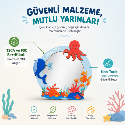 Kişiselleştirilebilir İsimli Ayna – Okyanus Dostları Figürlü Ahşap Duvar Süsü