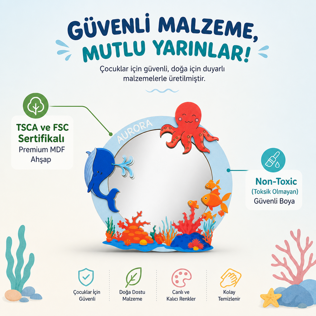 Kişiselleştirilebilir İsimli Ayna – Okyanus Dostları Figürlü Ahşap Duvar Süsü