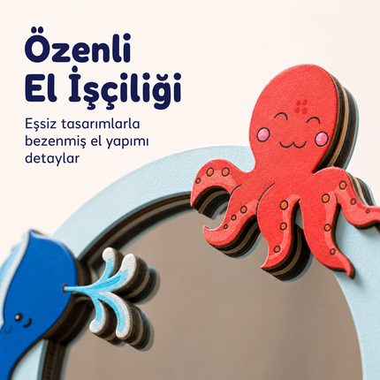 Okyanus Dostları Tasarımlı Çocuk Odası Dekoratif Duvar Aynası – 28 × 27 cm