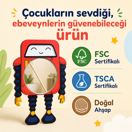 Robot Macerası Tasarımlı Çocuk Odası Dekoratif Duvar Aynası – 28 × 41 cm