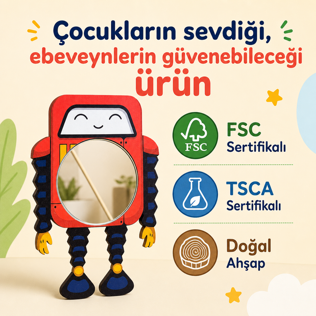 Robot Macerası Tasarımlı Çocuk Odası Dekoratif Duvar Aynası – 28 × 41 cm