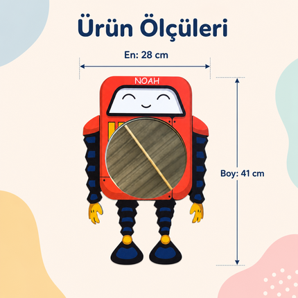 Kişiselleştirilebilir İsimli Ayna – Robot Macerası Figürlü Ahşap Duvar Süsü