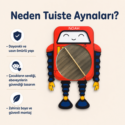 Kişiselleştirilebilir İsimli Ayna – Robot Macerası Figürlü Ahşap Duvar Süsü