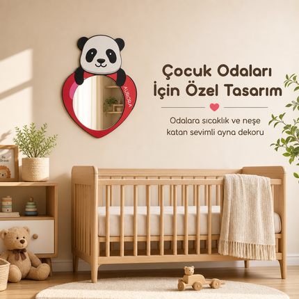 Kişiselleştirilebilir İsimli Ayna – Sevgi Pandası Kalp Figürlü Ahşap Duvar Süsü
